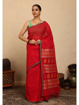 SUTRA CLOTHING - Handloom Rose Red Kanchi Cotton Saree with Unstitched Blouse