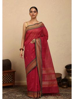 SUTRA CLOTHING - Handloom Red Kanchi Cotton Saree with Unstitched Blouse