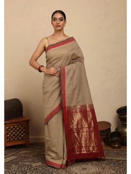 SUTRA CLOTHING - Handloom Biscuit Brown Kanchi Cotton Saree with Unstitched Blouse