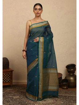 SUTRA CLOTHING - Handloom Blue Green Kanchi Cotton Saree with Unstitched Blouse