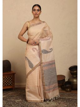 SUTRA CLOTHING - Handloom Beige Paisley Kanchi Cotton Saree with Unstitched Blouse