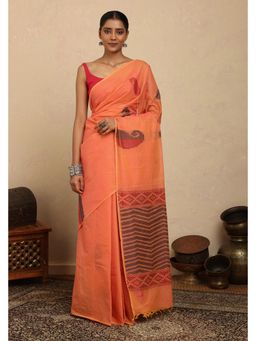 SUTRA CLOTHING - Handloom Orange Paisley Kanchi Cotton Saree with Unstitched Blouse
