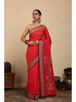 SUTRA CLOTHING - Handloom Crimson Red Kanchi Cotton Saree with Unstitched Blouse