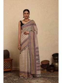 SUTRA CLOTHING - Handloom Beige Checks Kanchi Cotton Saree with Unstitched Blouse