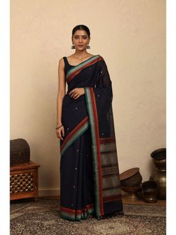SUTRA CLOTHING - Handloom Navy Blue Kanchi Cotton Saree with Unstitched Blouse