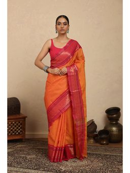 SUTRA CLOTHING - Handloom Orange and Pink Zari Kanchi Cotton Saree with Unstitched Blouse