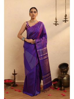 SUTRA CLOTHING - Handloom Purple Zari Stripes Kanchi Saree with Unstitched Blouse