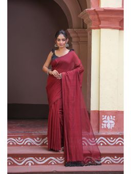 SUTRA CLOTHING - Handloom Maroon Solid Colour Mulmul Cotton Saree with Unstitched Blouse