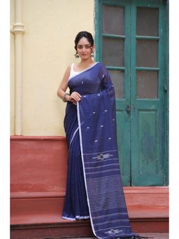 SUTRA CLOTHING - Handloom Admiral Blue Mulmul Cotton Jamdani Saree with Unstitched Blouse