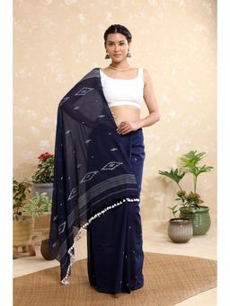 SUTRA CLOTHING - Handloom Navy Blue Mulmul Jamdani Saree with Unstitched Blouse