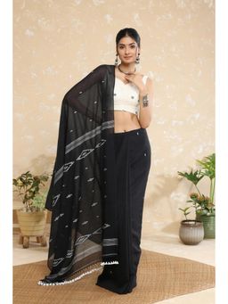 SUTRA CLOTHING - Handloom Black Mulmul Jamdani Saree with Unstitched Blouse