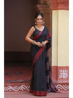 SUTRA CLOTHING - Handloom Black Mulmul Cotton Saree with Unstitched Blouse