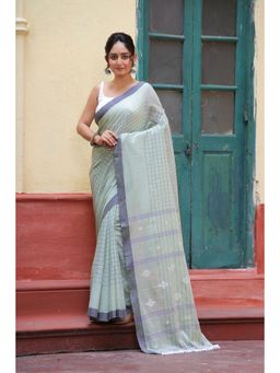 SUTRA CLOTHING - Handloom Tea Green Mulmul Cotton Jamdani Saree with Unstitched Blouse