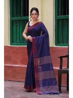 SUTRA CLOTHING - Handloom Midnight Blue Mulmul Cotton Saree with Unstitched Blouse
