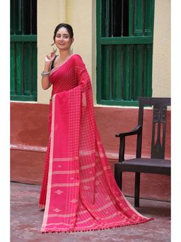 SUTRA CLOTHING - Handloom Hot Pink Mulmul Cotton Jamdani Saree with Unstitched Blouse