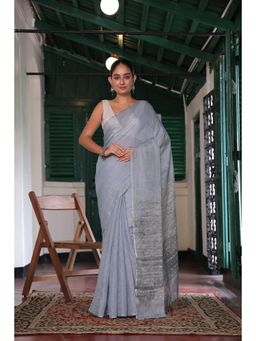 SUTRA CLOTHING - Handloom Grey Tissue Linen Saree with Unstitched Blouse with Sequin Pallu