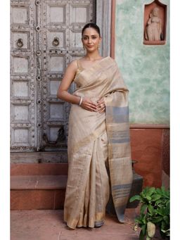 SUTRA CLOTHING - Handloom Beige Gold Border and Grey Pallu Saree with Unstitched Blouse