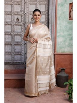 SUTRA CLOTHING - Handloom Beige Pure Silk Gold Border Saree with Unstitched Blouse