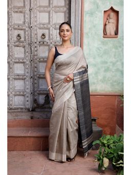 SUTRA CLOTHING - Handloom Beige Pure Silk Stripes Saree with Unstitched Blouse