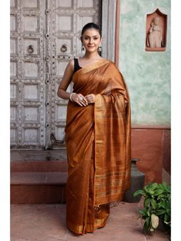 SUTRA CLOTHING - Handloom Reddish Copper Pure Silk Saree with Unstitched Blouse