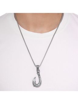 Yellow Chimes - Men Rhodium-Plated Silver-Toned Stainless Steel Fish Hook-Shaped Pendant With Chain