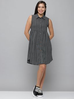 SHOWOFF - Womens Shirt Collar Navy Blue A-line Printed Dress