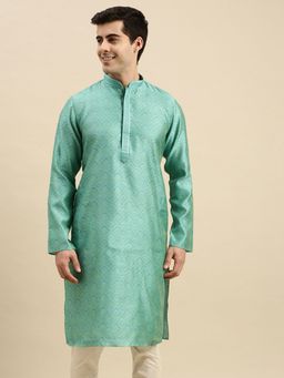 Sanwara - Mens Light Green Woven Long Sleeve Art Silk Elegant Kurta