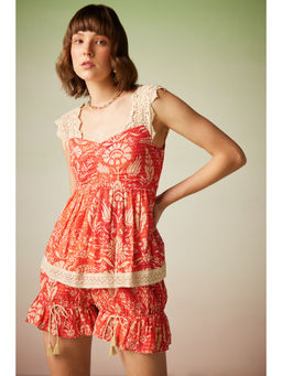 Verb - Multi-color Printed Sequinned Lace Detailing Top