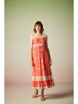Verb - Red Printed Sequinned Lace Detailing Dress