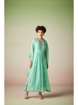 Verb - Green Printed Butterfly Sleeved Kaftan Dress With Seq Beads Detailing Neckline