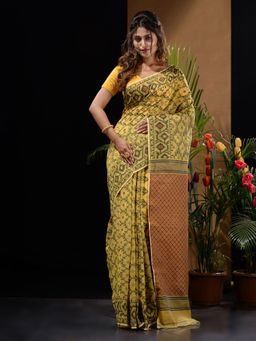 CHARUKRITI - Yellow Handwoven Saree with Woven Patterns & Zari Pallu