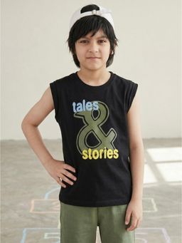 Tales & Stories - Boys Black Printed Boxy Fit Sleeveless T-Shirt
