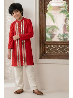 Tales & Stories - Boys Red Ethnic Mirror Work Lace Design Kurta with Pajama
