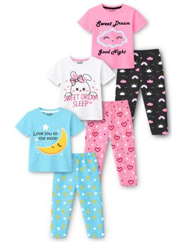 Trampoline - Girls Cotton Blend Knit Printed T-Shirt and Joggers (Pack of 3)