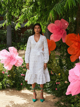 ETE - Audrey-white Cotton Dress With Scallop Detailing On The Helm And Organza Belt