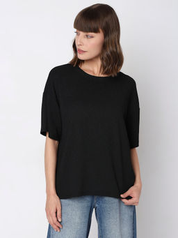 VERO MODA - Women Textured Casual Black T-Shirt