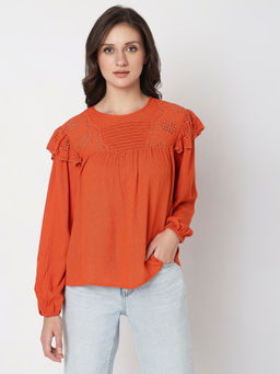 VERO MODA - Women Textured Casual Orange Top