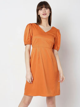 VERO MODA - Women Solid Casual Orange Dress
