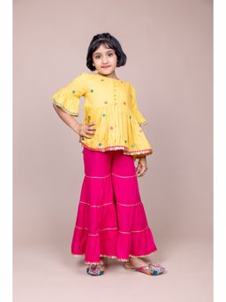 Kasya - Yellow Embroidered Ruffled Top with Tiered Sharara (Set of 2)