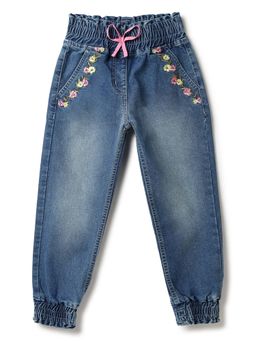 Tales & Stories - Girls Mid Blue Floral Embroidered Denim Jeans