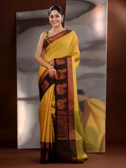 CHARUKRITI - Yellow Tanchoi Zari Handwoven Saree with Unstitched Blouse