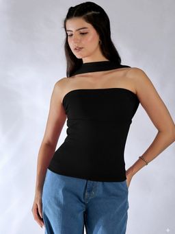 Uptownie Lite - Stretchable Black Strapless Scarf Neck Top