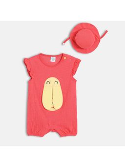 MINI KLUB - Coral Cotton Sleeveless Applique Romper With Cap (Set of 2)