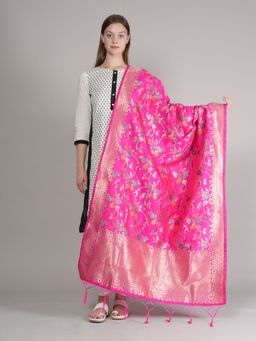 MUFFLY - Women Pink Floral Silk Blend Dupatta