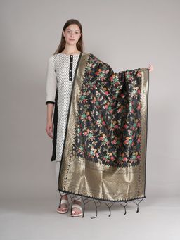 MUFFLY - Women Black Floral Silk Blend Dupatta