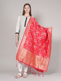 MUFFLY - Women Red Floral Silk Blend Dupatta