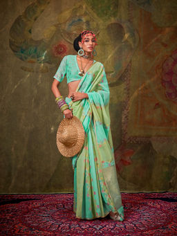 Elora - Turquoise Spun Rangkaat Handloom Weaving Saree with Unstitched Blouse