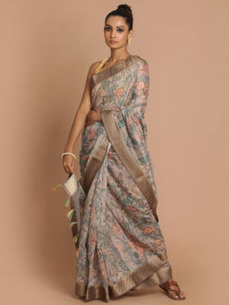 Indethnic - Banarasi Tan Printed Party Wear Saree With Unstitched Blouse