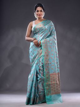 CHARUKRITI - Sky Blue Handwoven Banarasi Silk Saree With Unstitched Blouse