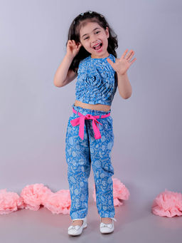 Lil Drama - Jaipur Girls Blue Printed Top with Pants Co-Ordinate (Set of 2)
